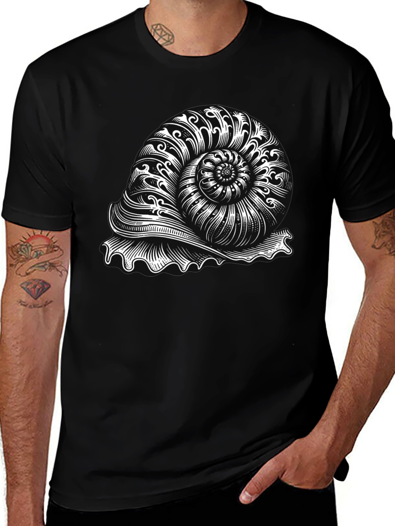 Nautilus Shell Graphic Tee - Black Cotton T-Shirt