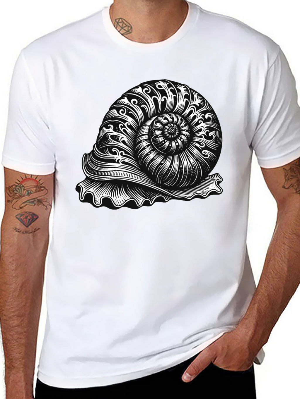 Nautilus Shell Graphic Tee - Black Cotton T-Shirt