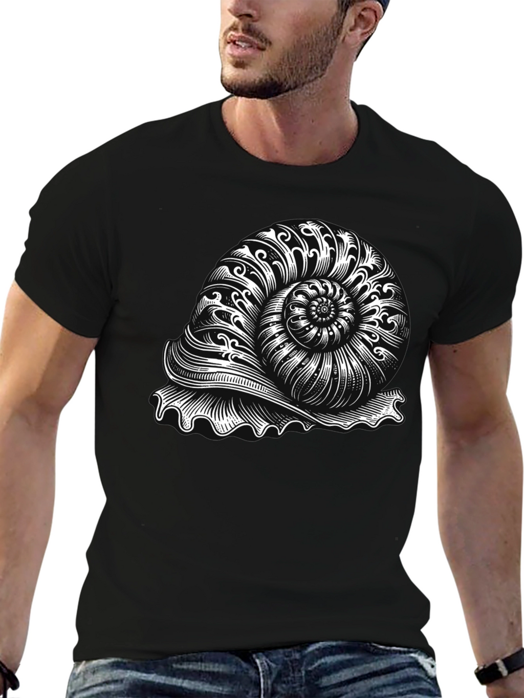 Nautilus Shell Graphic Tee - Black Cotton T-Shirt