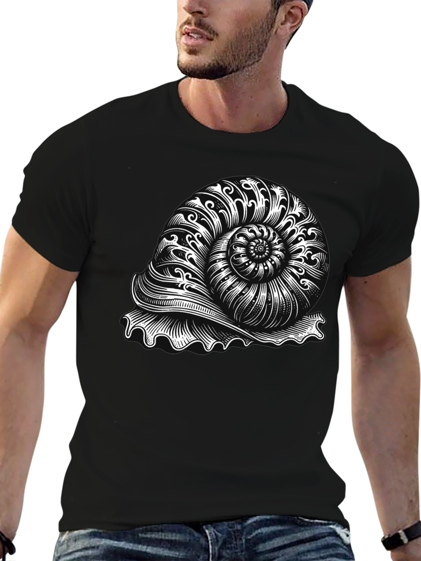 Nautilus Shell Graphic Tee - Black Cotton T-Shirt