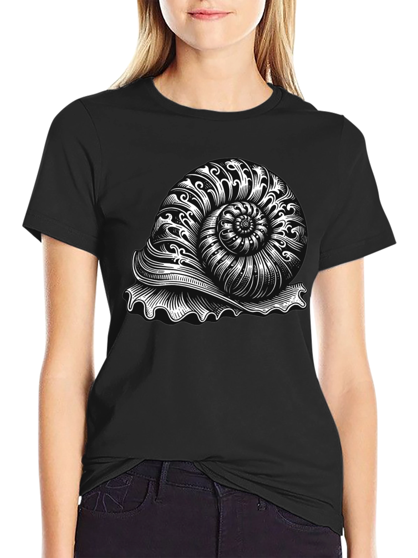 Nautilus Shell Graphic Tee - Black Cotton T-Shirt