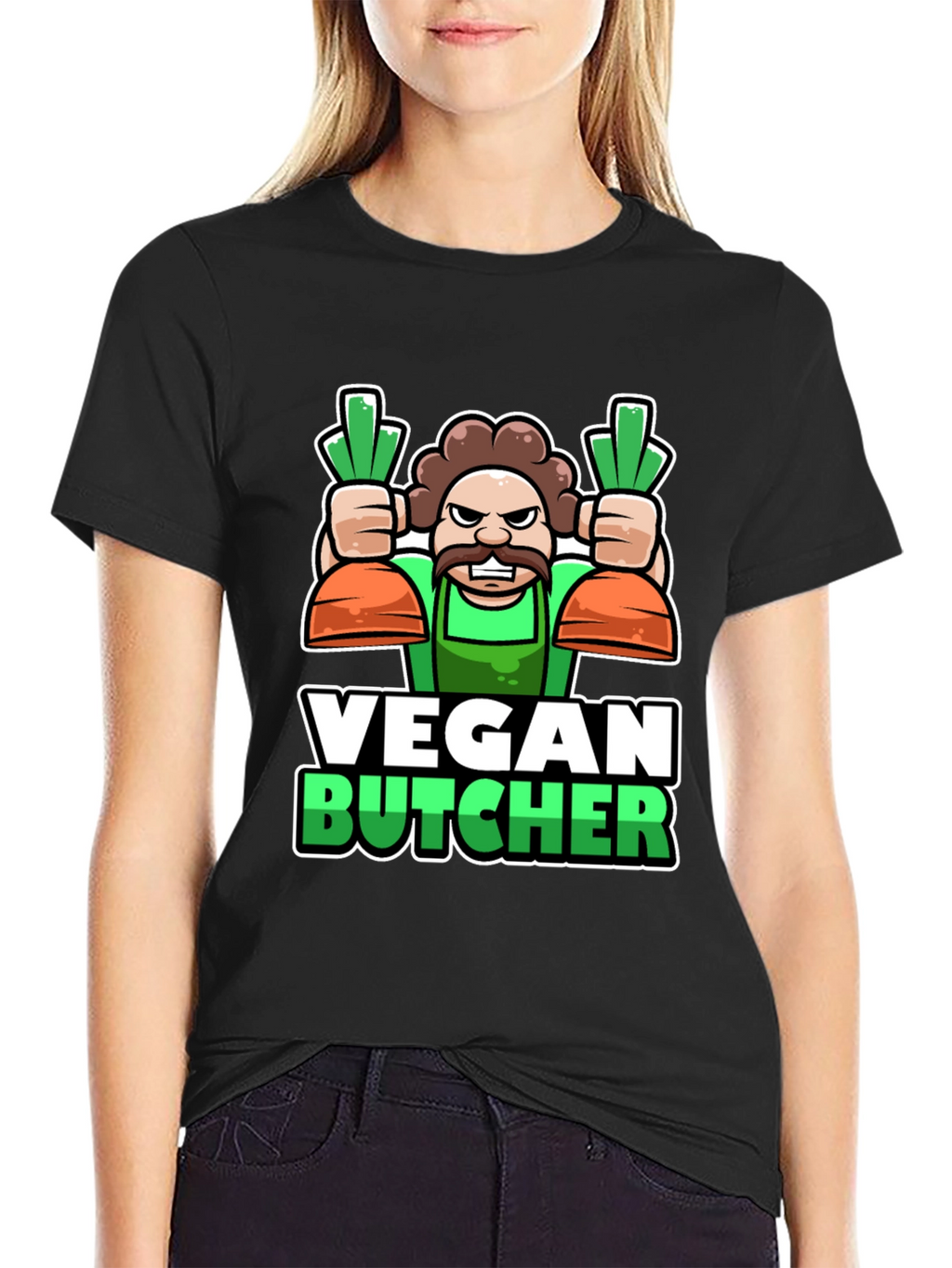 Vegan Butcher T-Shirt: Cartoon Carrot Design