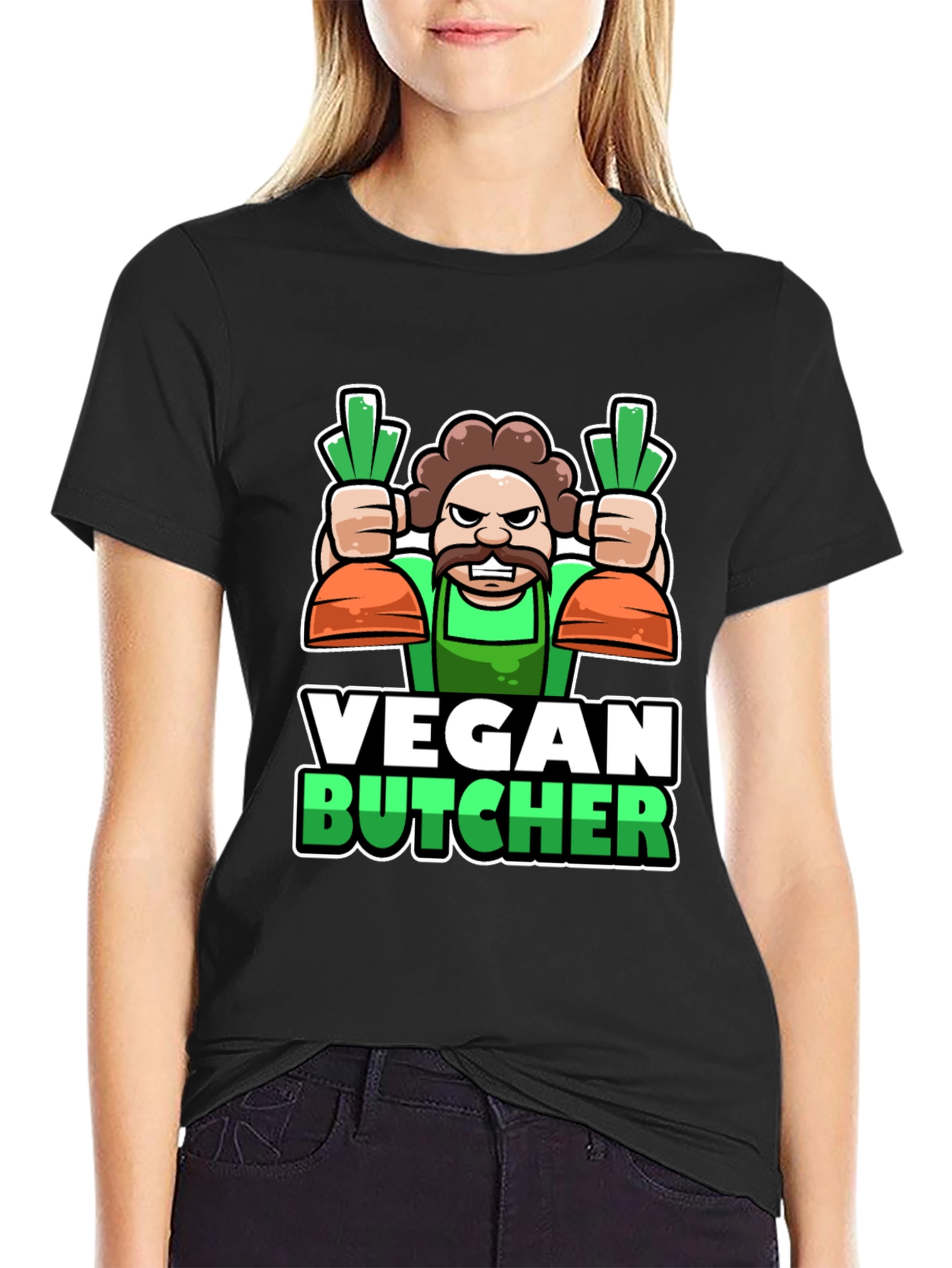 Vegan Butcher T-Shirt: Cartoon Carrot Design