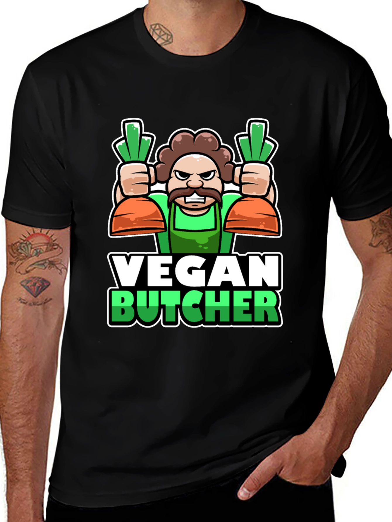 Vegan Butcher T-Shirt: Cartoon Carrot Design