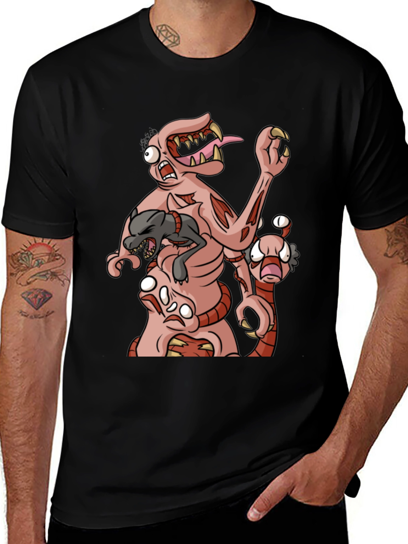 Monster Cartoon Graphic Print Black Tee