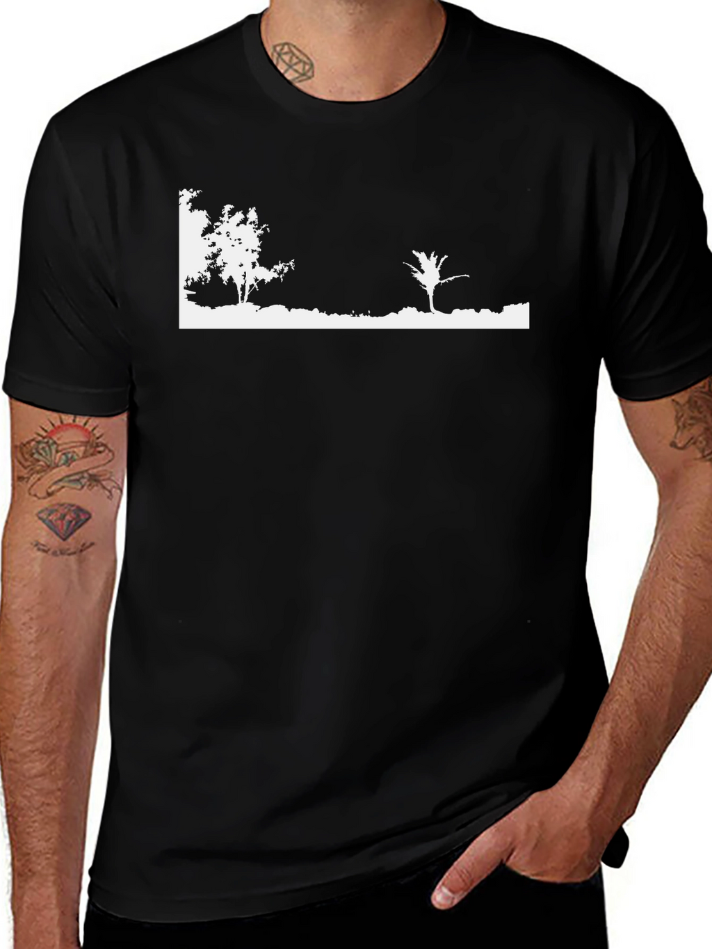 Black T-Shirt with Minimalist Nature Scene
