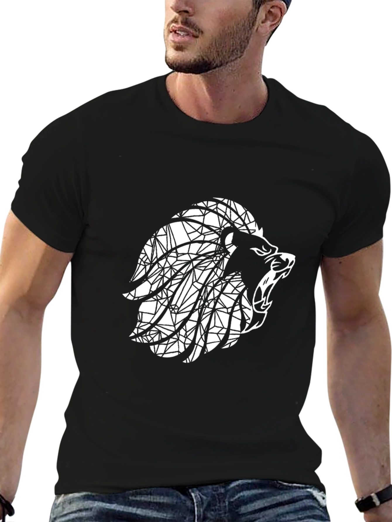 Geometric Lion Graphic Print Mens Black T-Shirt