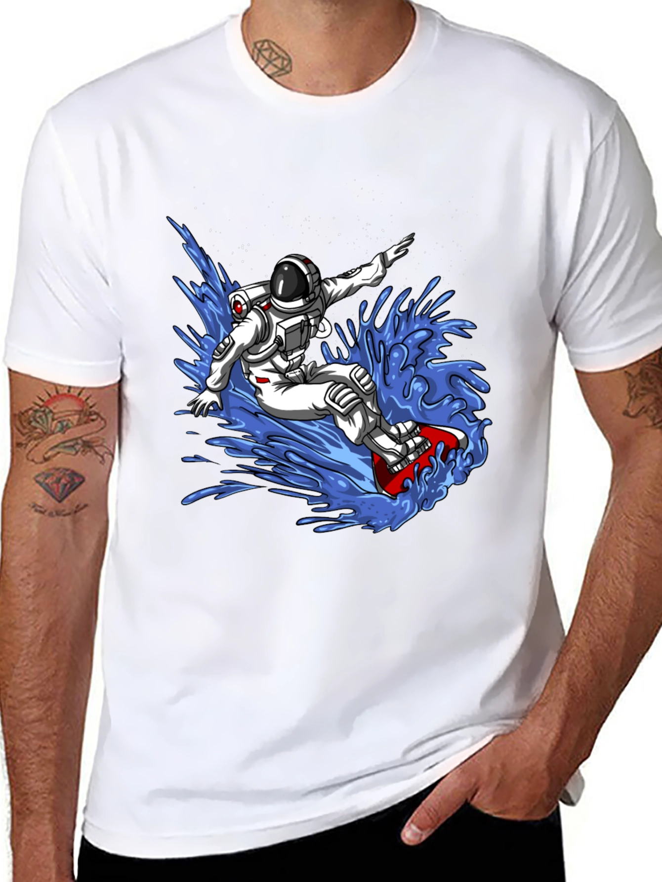 Astronaut Surfing T-Shirt - Space Waves Design