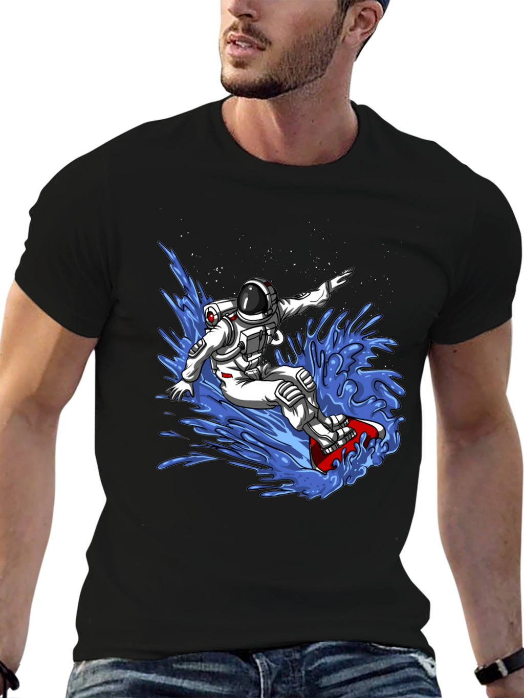 Astronaut Surfing T-Shirt - Space Waves Design