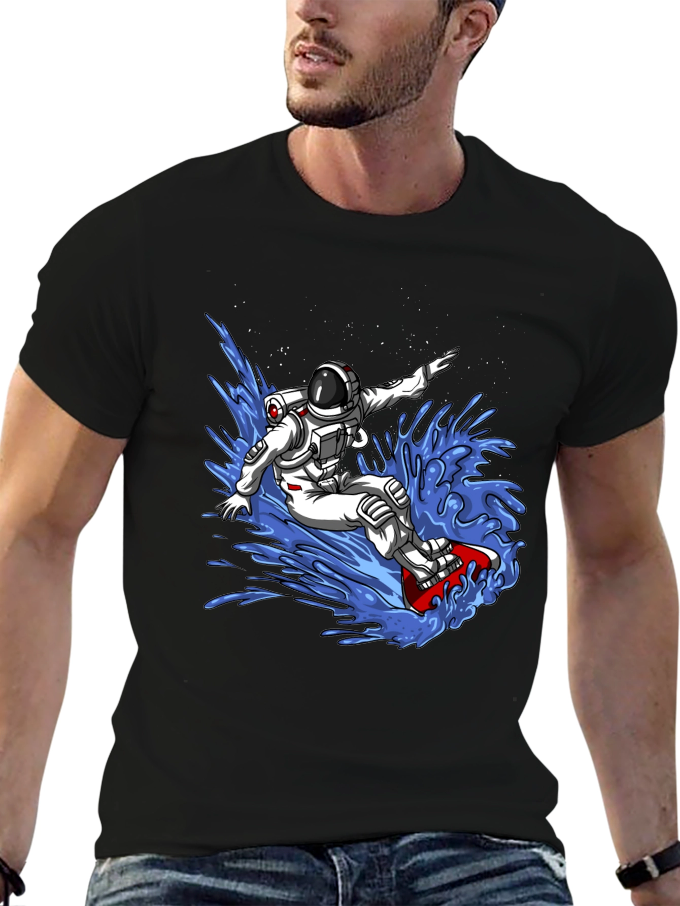 Astronaut Surfing T-Shirt - Space Waves Design