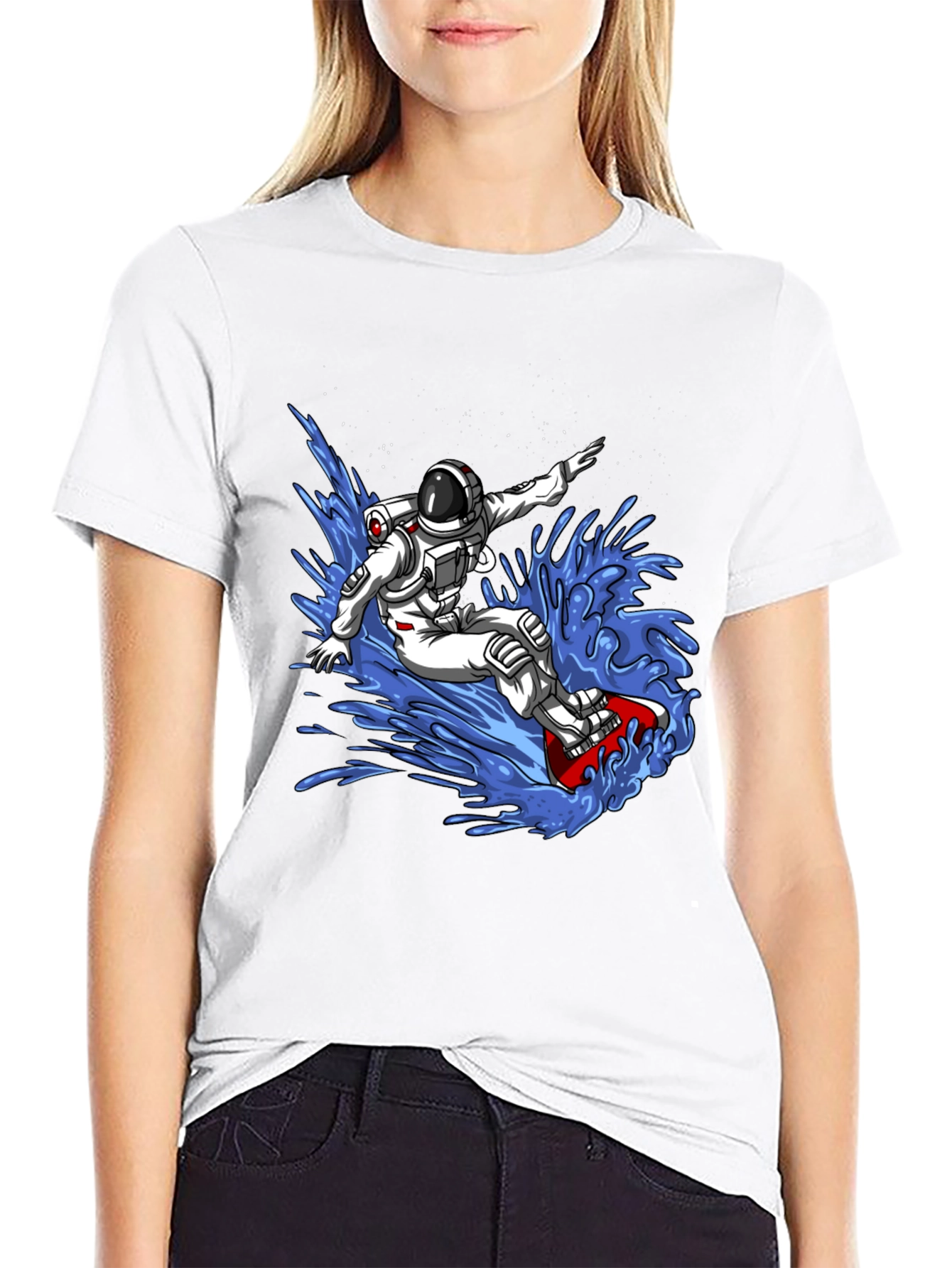 Astronaut Surfing T-Shirt - Space Waves Design