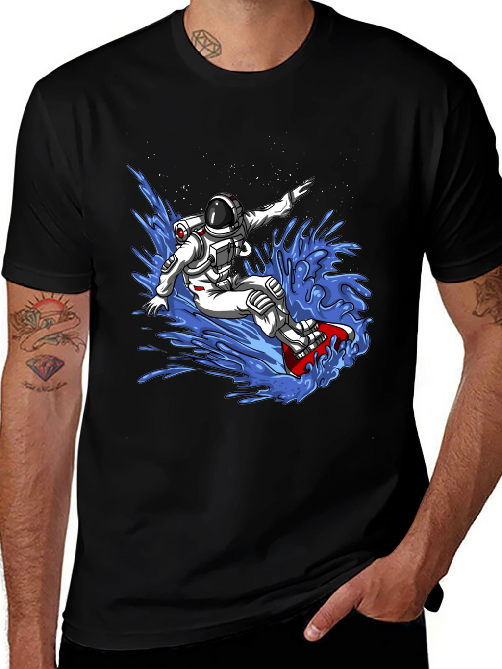 Astronaut Surfing T-Shirt - Space Waves Design