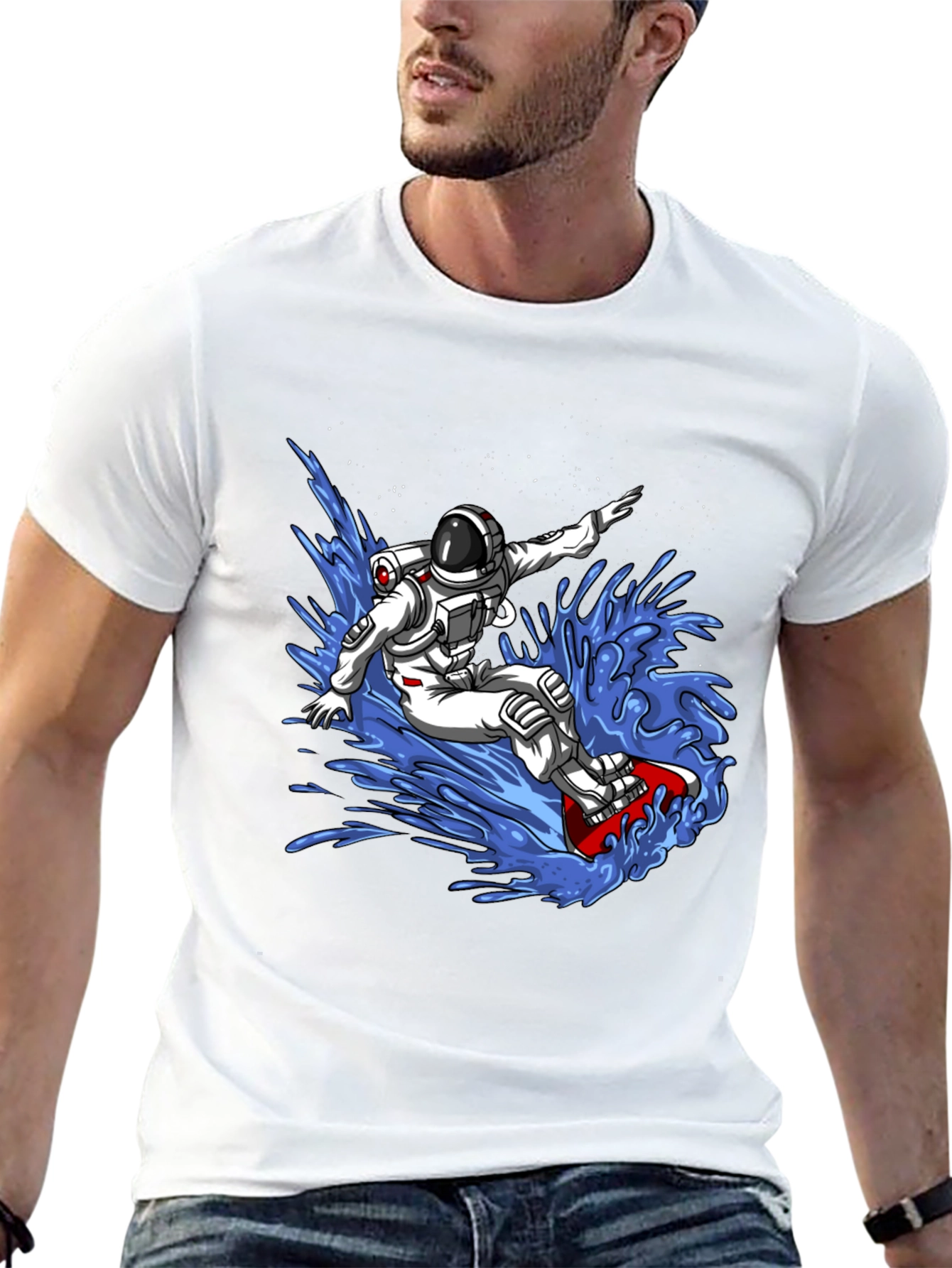 Astronaut Surfing T-Shirt - Space Waves Design