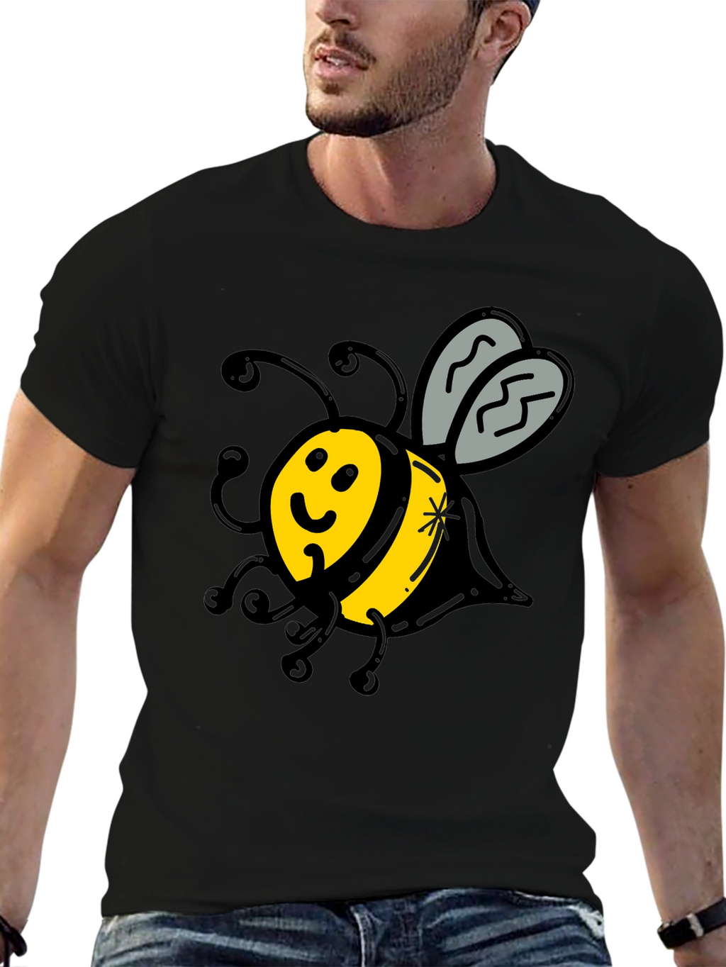 Cute Bee Graphic T-Shirt - Black Crew Neck