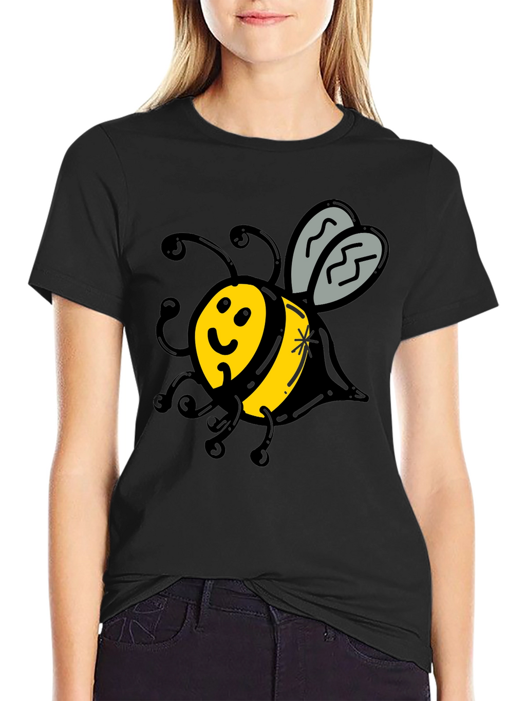 Cute Bee Graphic T-Shirt - Black Crew Neck