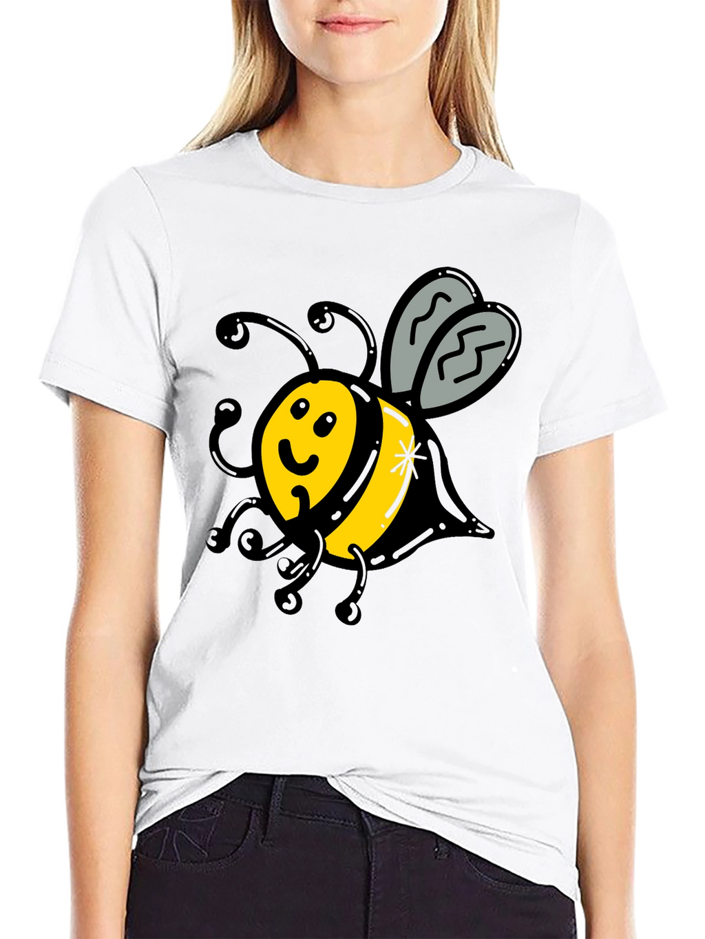 Cute Bee Graphic T-Shirt - Black Crew Neck