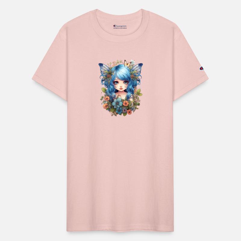 Cute Blue Haired Fairy with Flowers and Butterfly