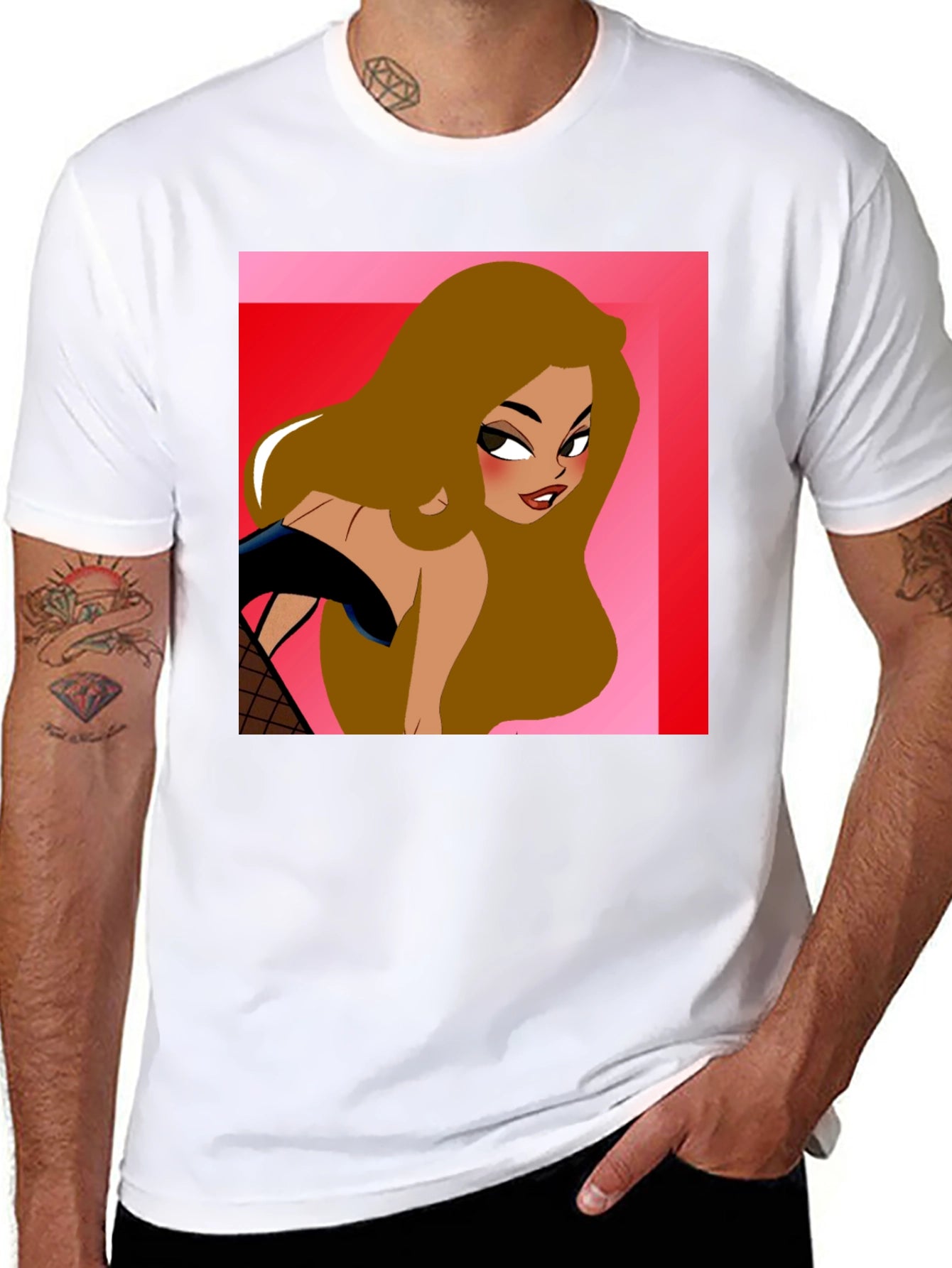 Cartoon Woman Graphic T-Shirt Black Cotton Tee