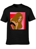 Cartoon Woman Graphic T-Shirt Black Cotton Tee
