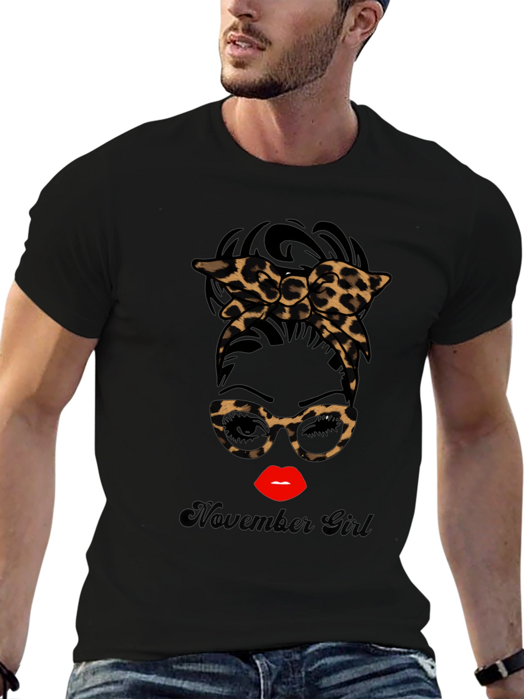 November Girl Leopard Print Messy Bun T-Shirt