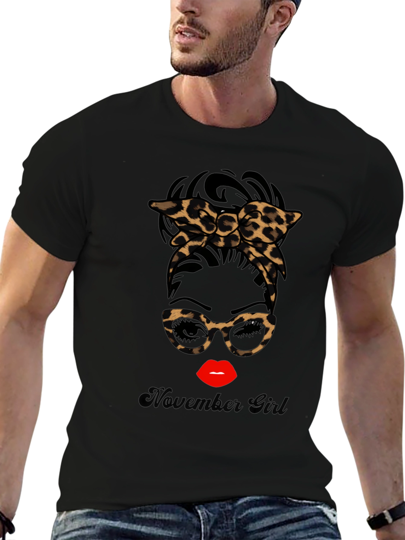 November Girl Leopard Print Messy Bun T-Shirt