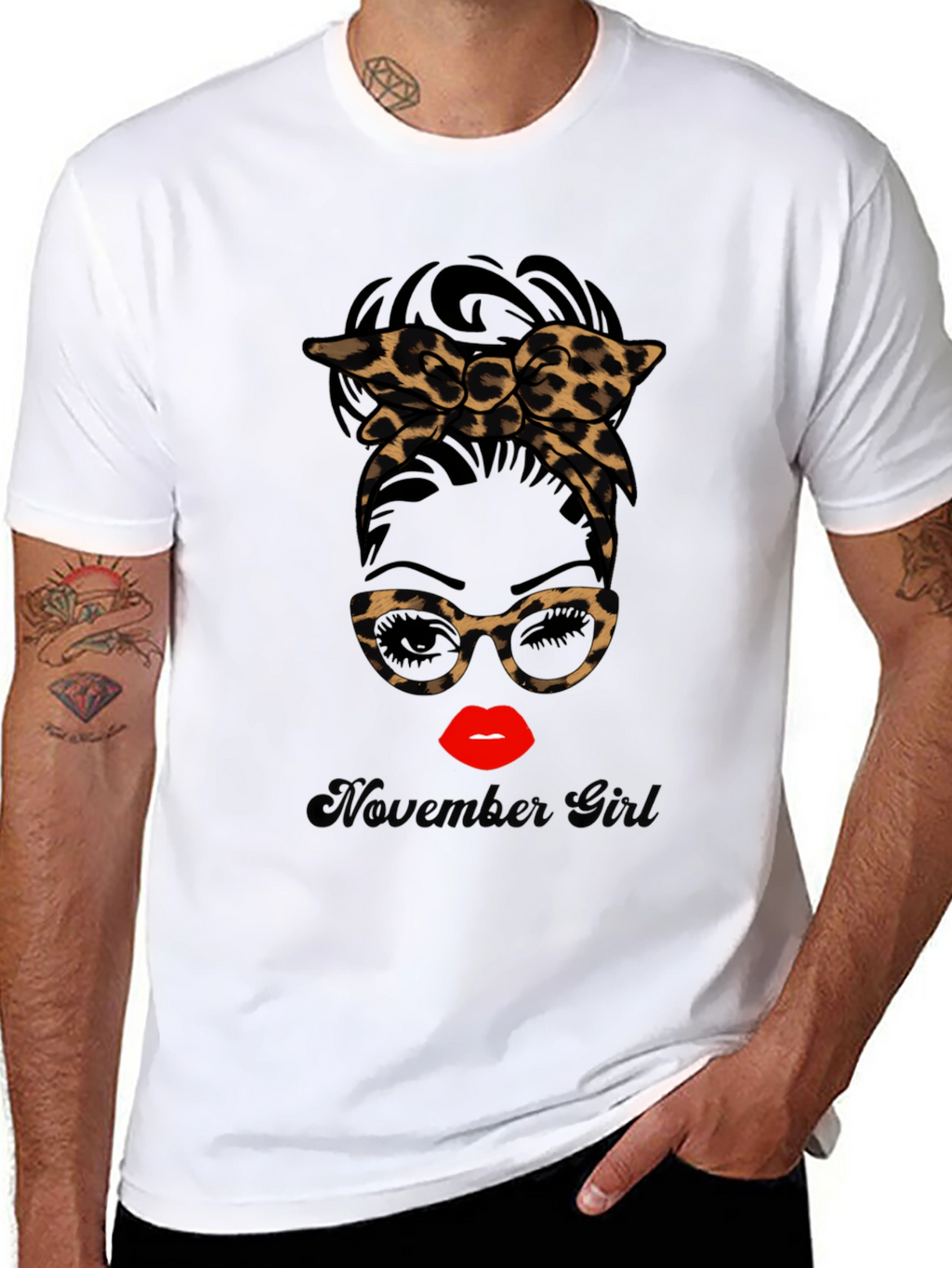 November Girl Leopard Print Messy Bun T-Shirt