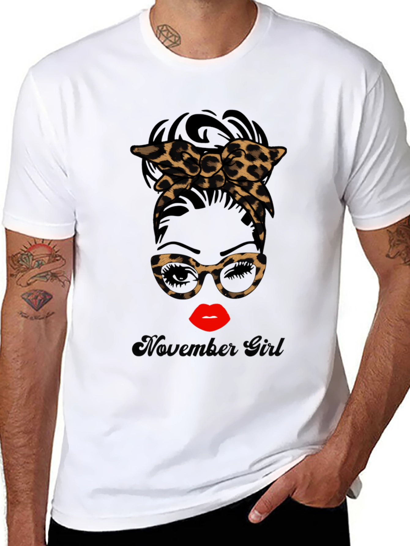 November Girl Leopard Print Messy Bun T-Shirt