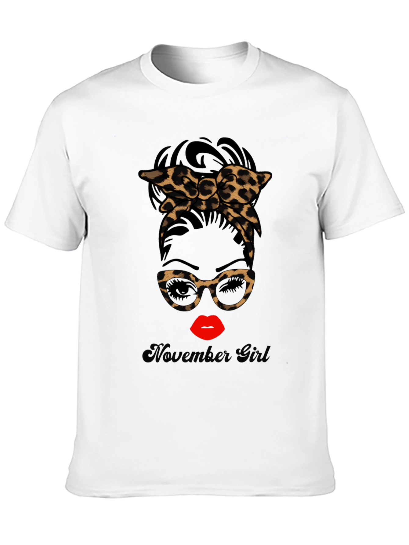 November Girl Leopard Print Messy Bun T-Shirt