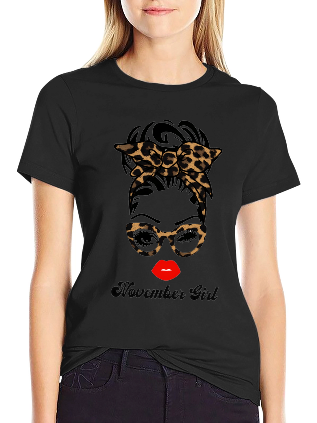 November Girl Leopard Print Messy Bun T-Shirt