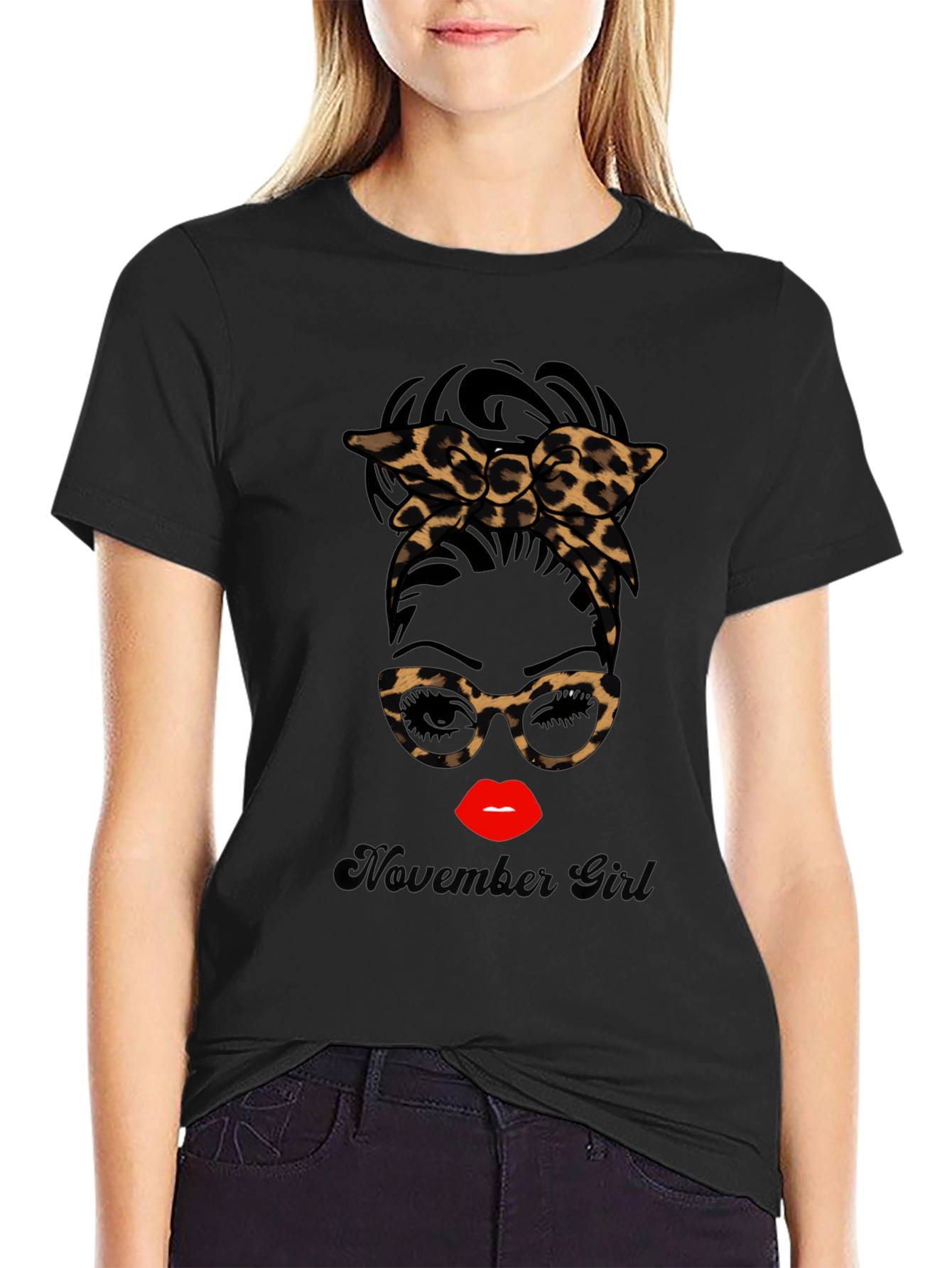 November Girl Leopard Print Messy Bun T-Shirt