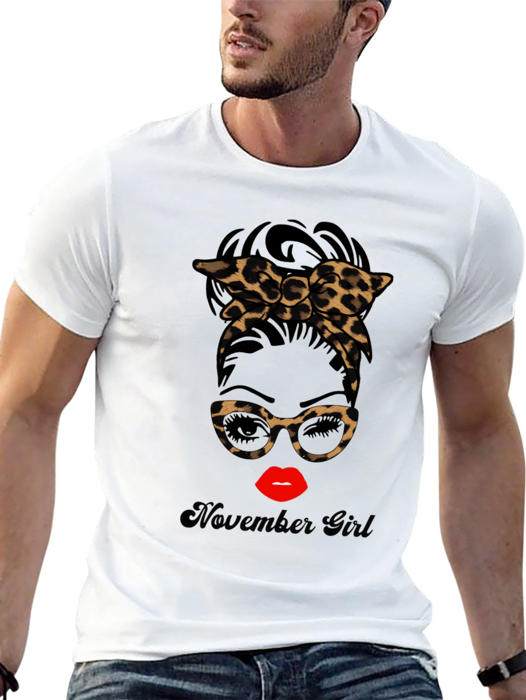 November Girl Leopard Print Messy Bun T-Shirt