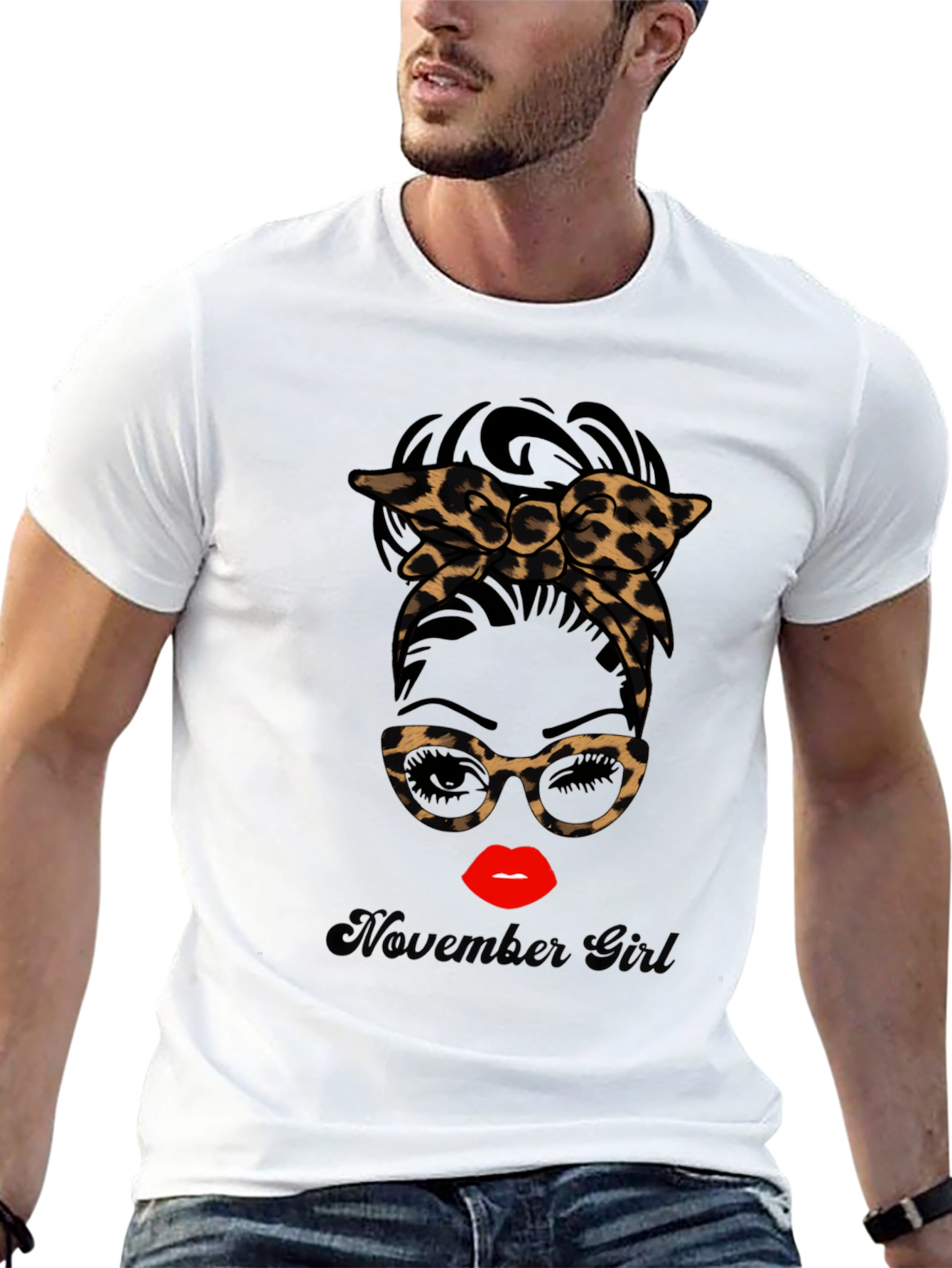 November Girl Leopard Print Messy Bun T-Shirt