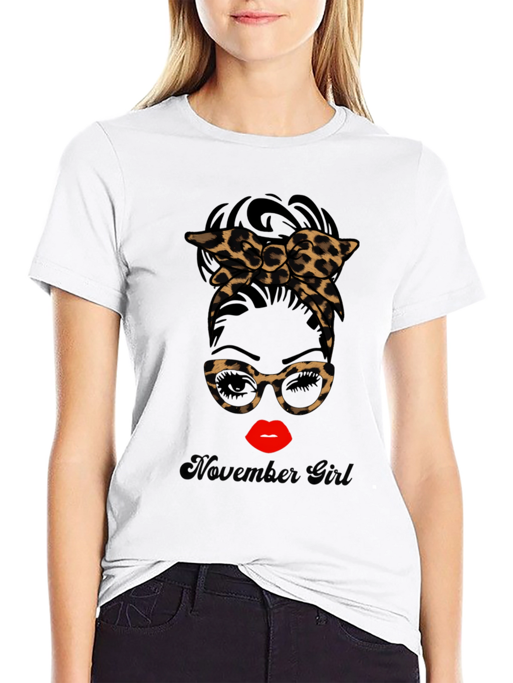 November Girl Leopard Print Messy Bun T-Shirt