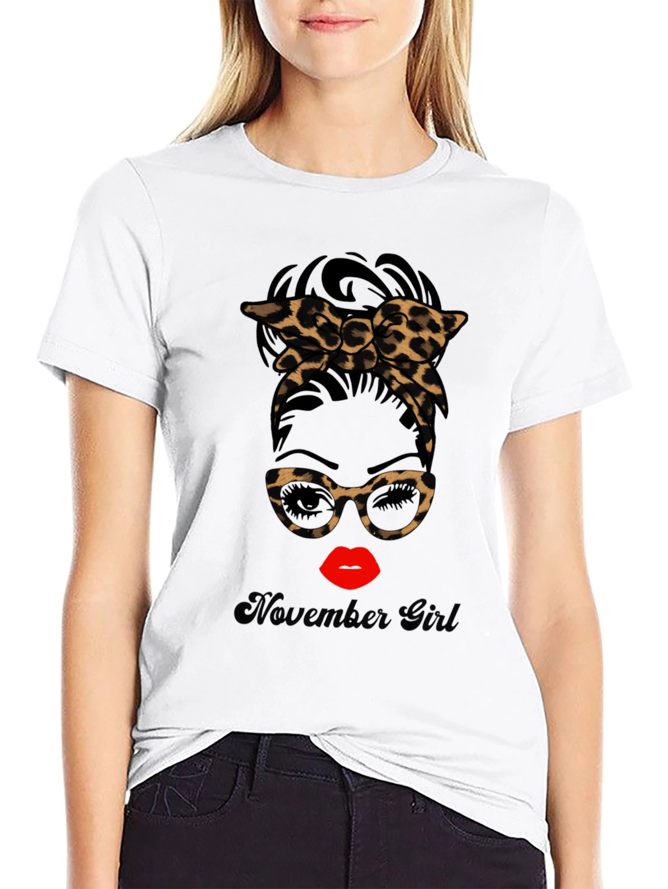 November Girl Leopard Print Messy Bun T-Shirt