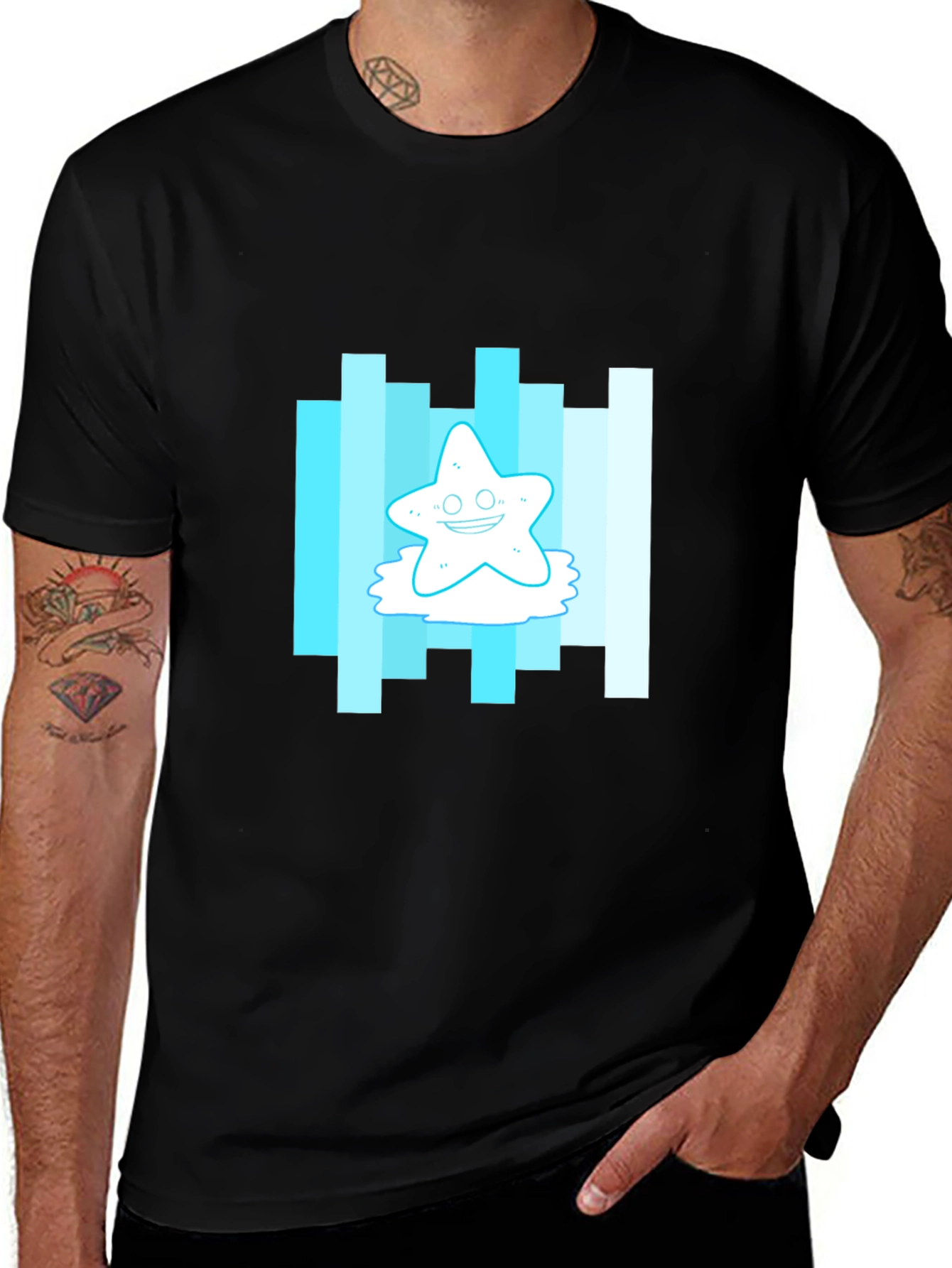 Cartoon Starfish Graphic Tee - Mens Black T-Shirt