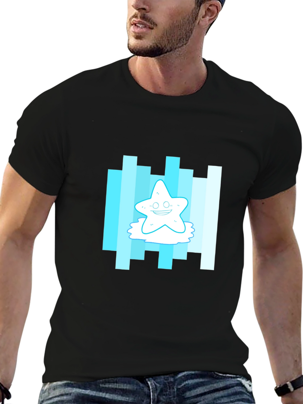 Cartoon Starfish Graphic Tee - Mens Black T-Shirt