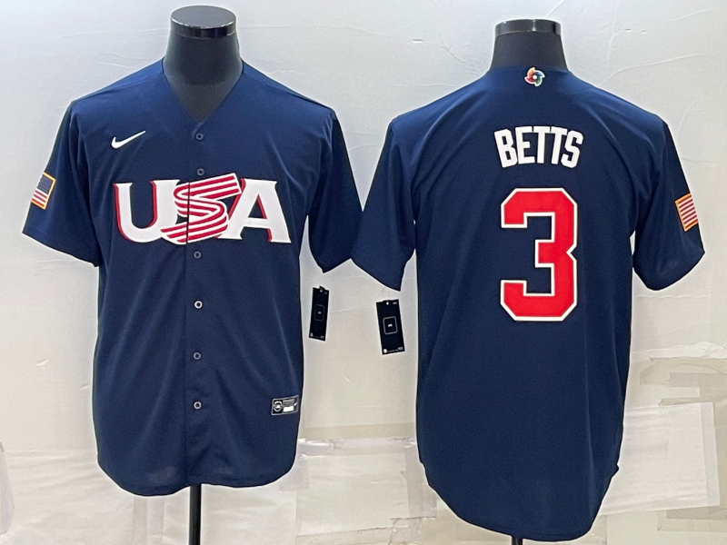 Men's 2023 World Baseball Classic #3 Mookie Betts USA Navy Jerseys