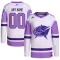 Men's Columbus Blue Jackets White/Purple Hockey Fights Cancer Primegreen Authentic Custom Jerseys