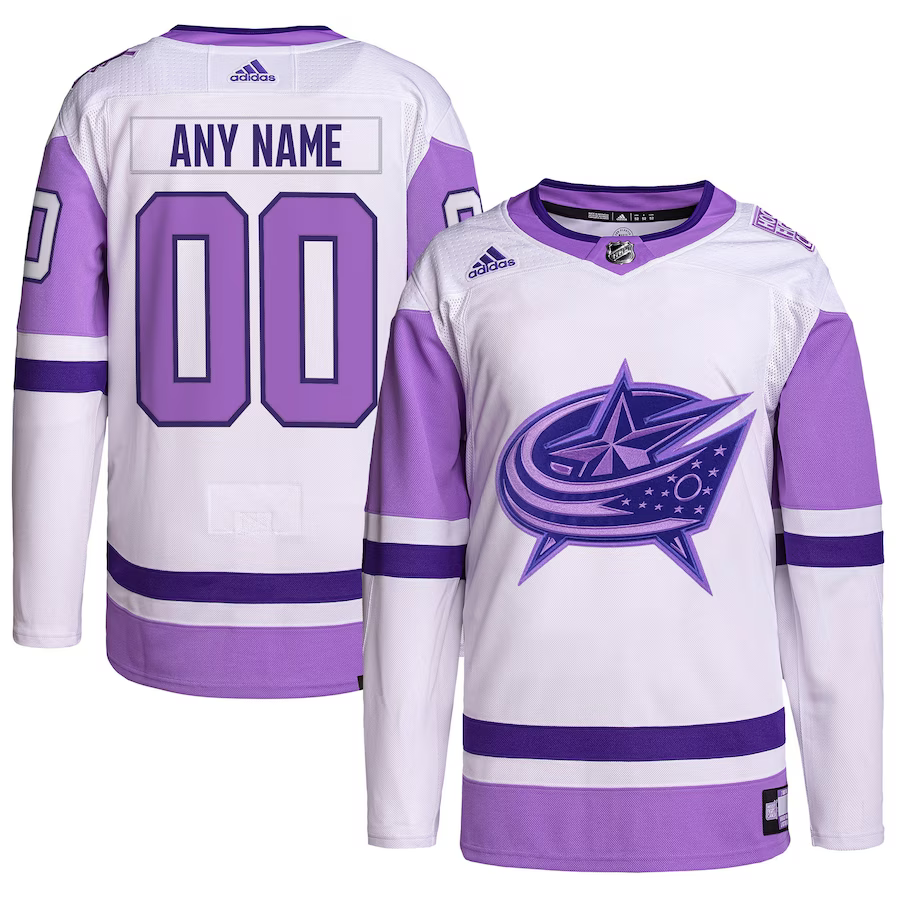 Men's Columbus Blue Jackets White/Purple Hockey Fights Cancer Primegreen Authentic Custom Jerseys