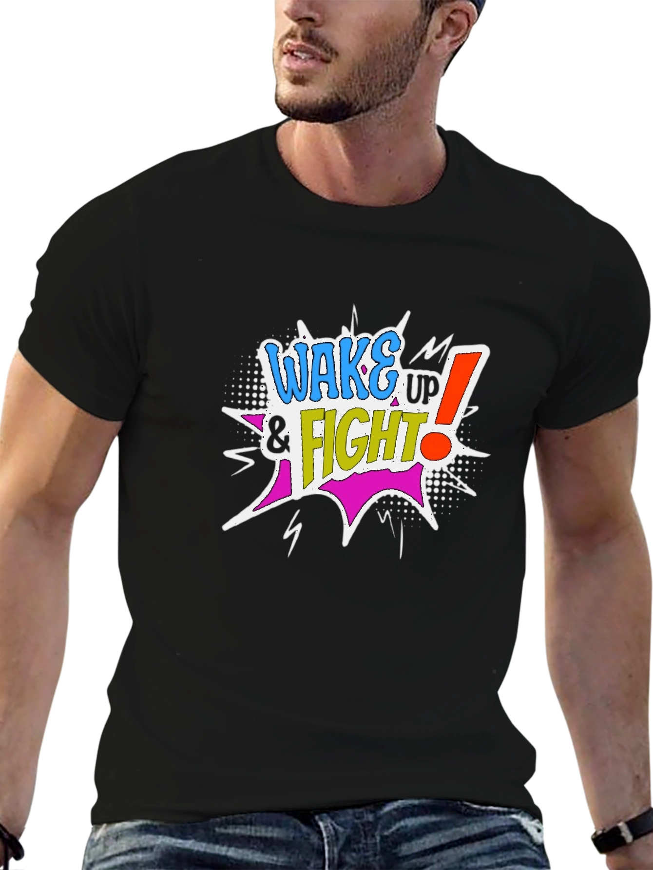 Wake Up & Fight Graphic Tee - Mens Black Cotton T-Shirt
