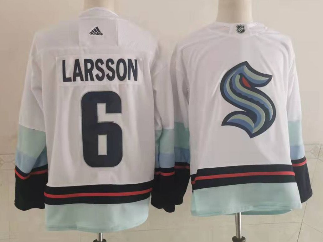 Men's Seattle Kraken Adam Larsson #6 White Blue Home Breakaway Player Jerseys