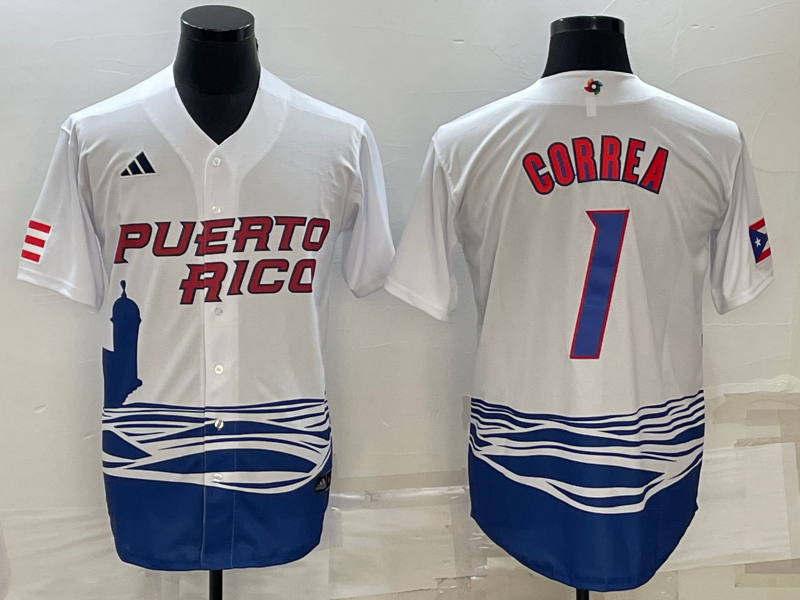 Men's 2023 World Baseball Classic #1 Carlos Correa Puerto Rico White Jerseys