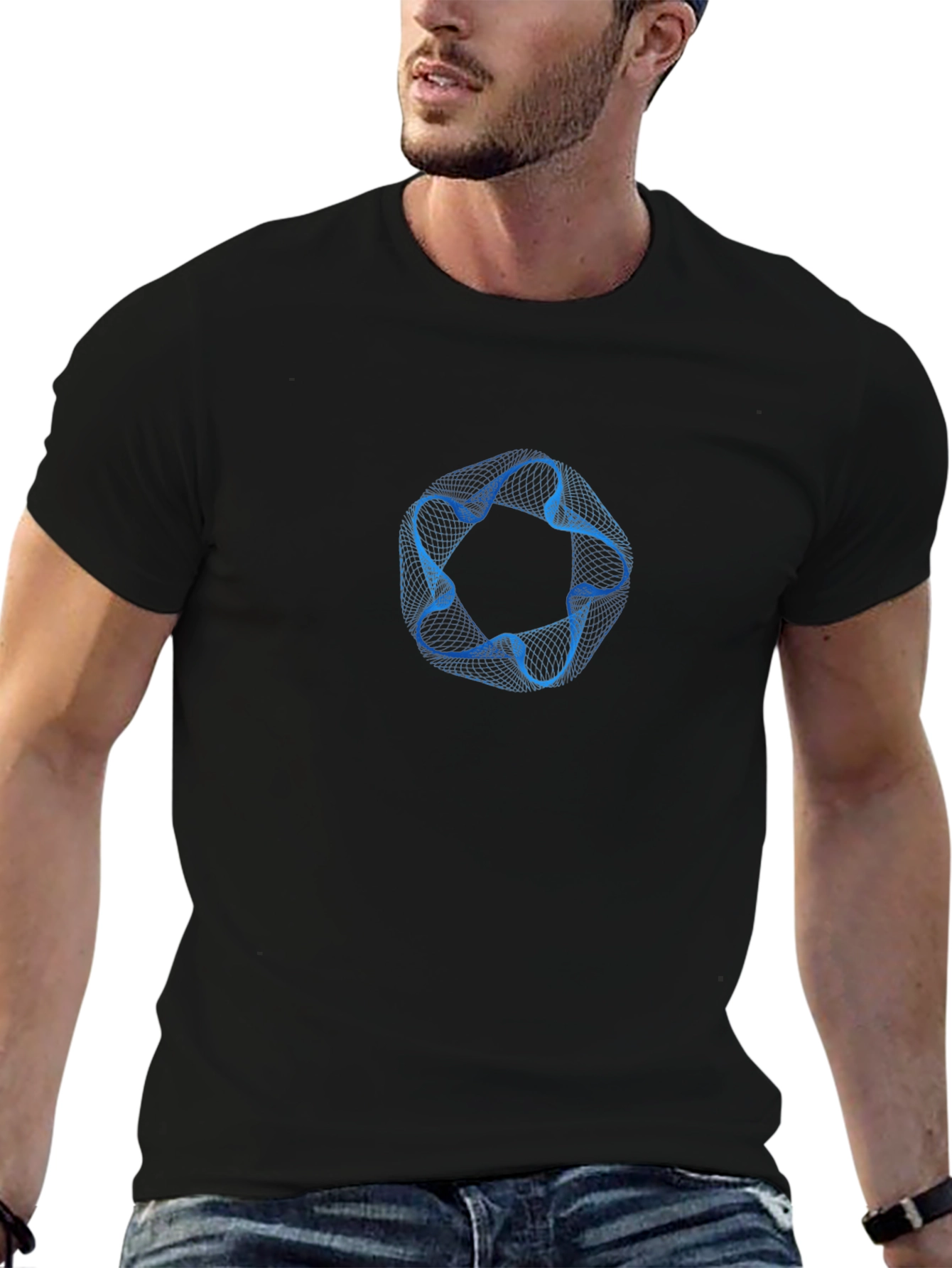 Abstract Blue Ring Graphic Mens Black T-Shirt