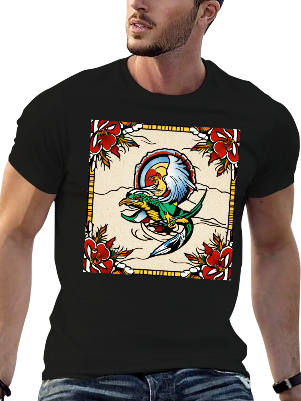 Retro Dragon & Floral Graphic T-Shirt