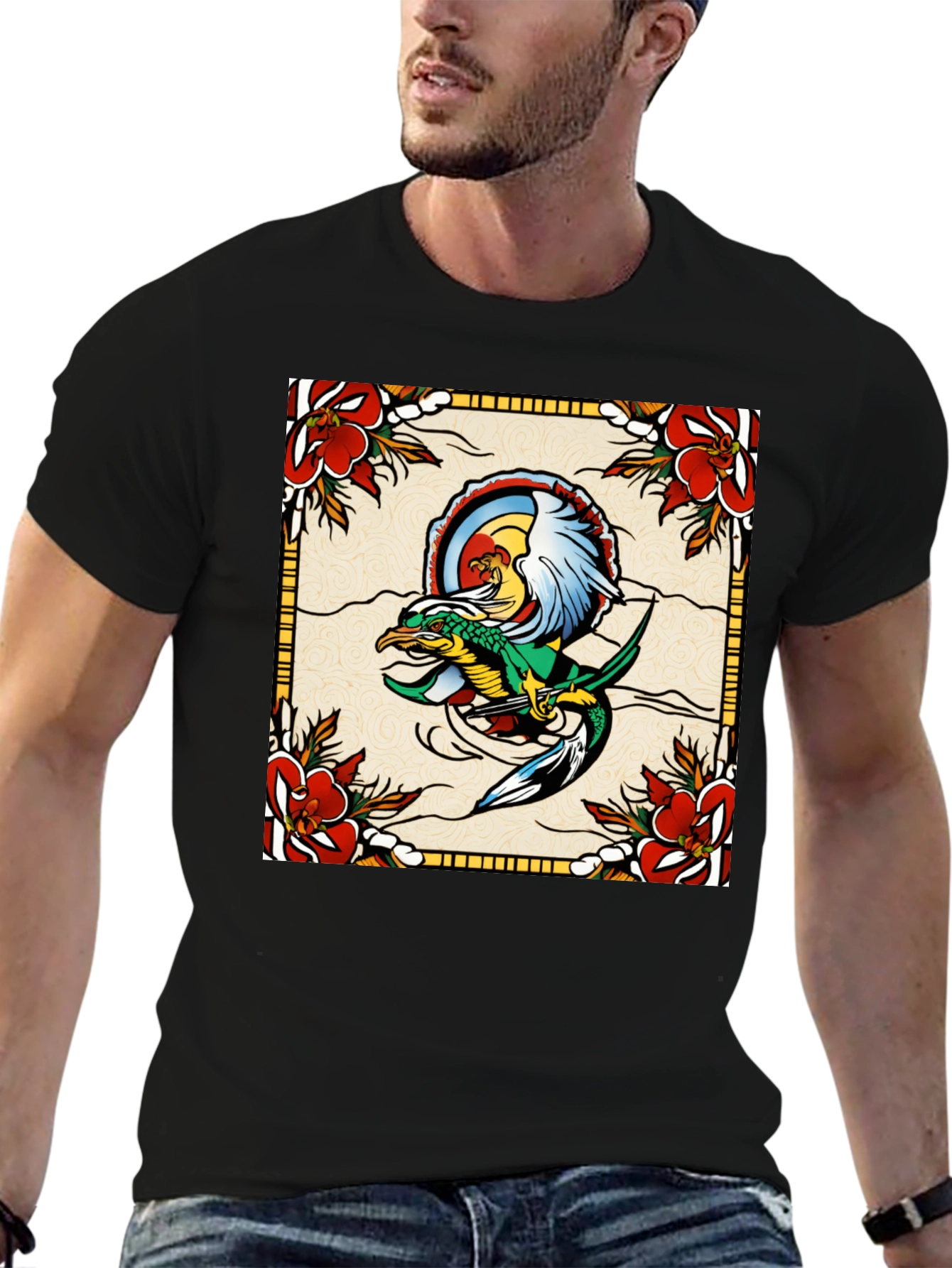 Retro Dragon & Floral Graphic T-Shirt