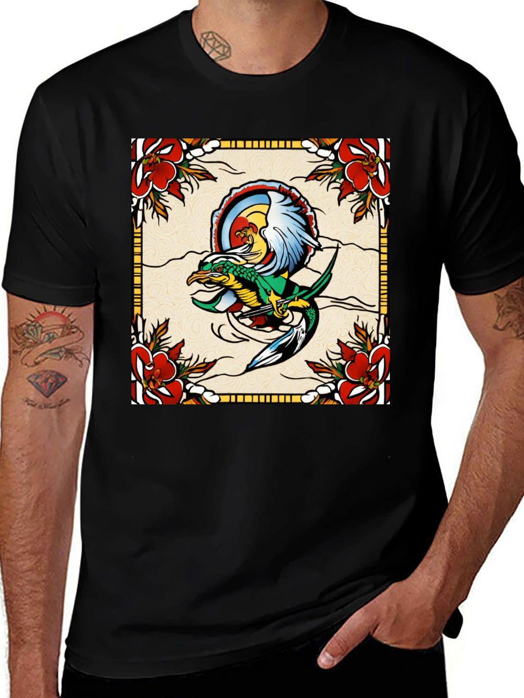 Retro Dragon & Floral Graphic T-Shirt