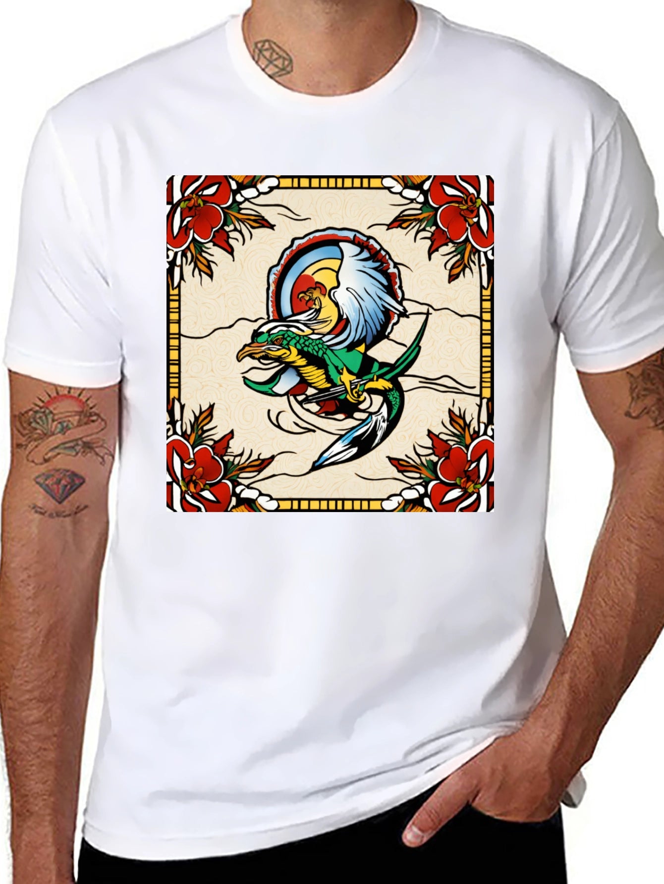 Retro Dragon & Floral Graphic T-Shirt