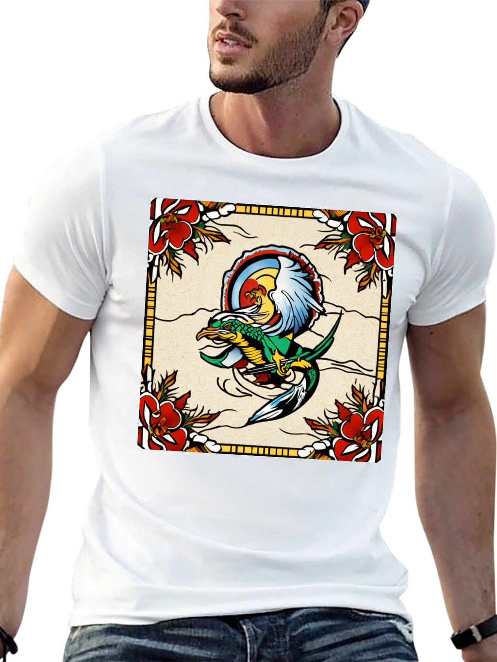 Retro Dragon & Floral Graphic T-Shirt