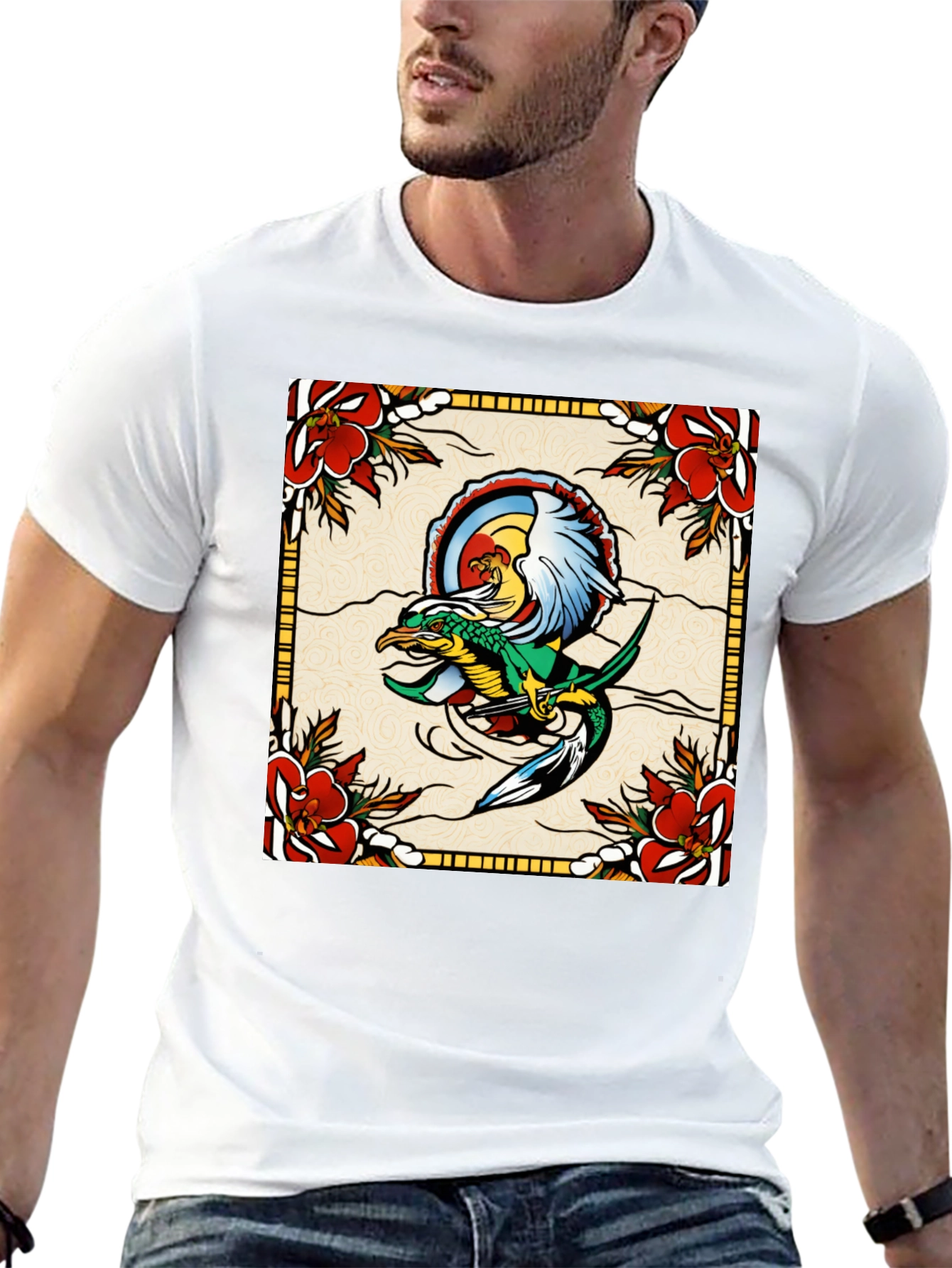 Retro Dragon & Floral Graphic T-Shirt