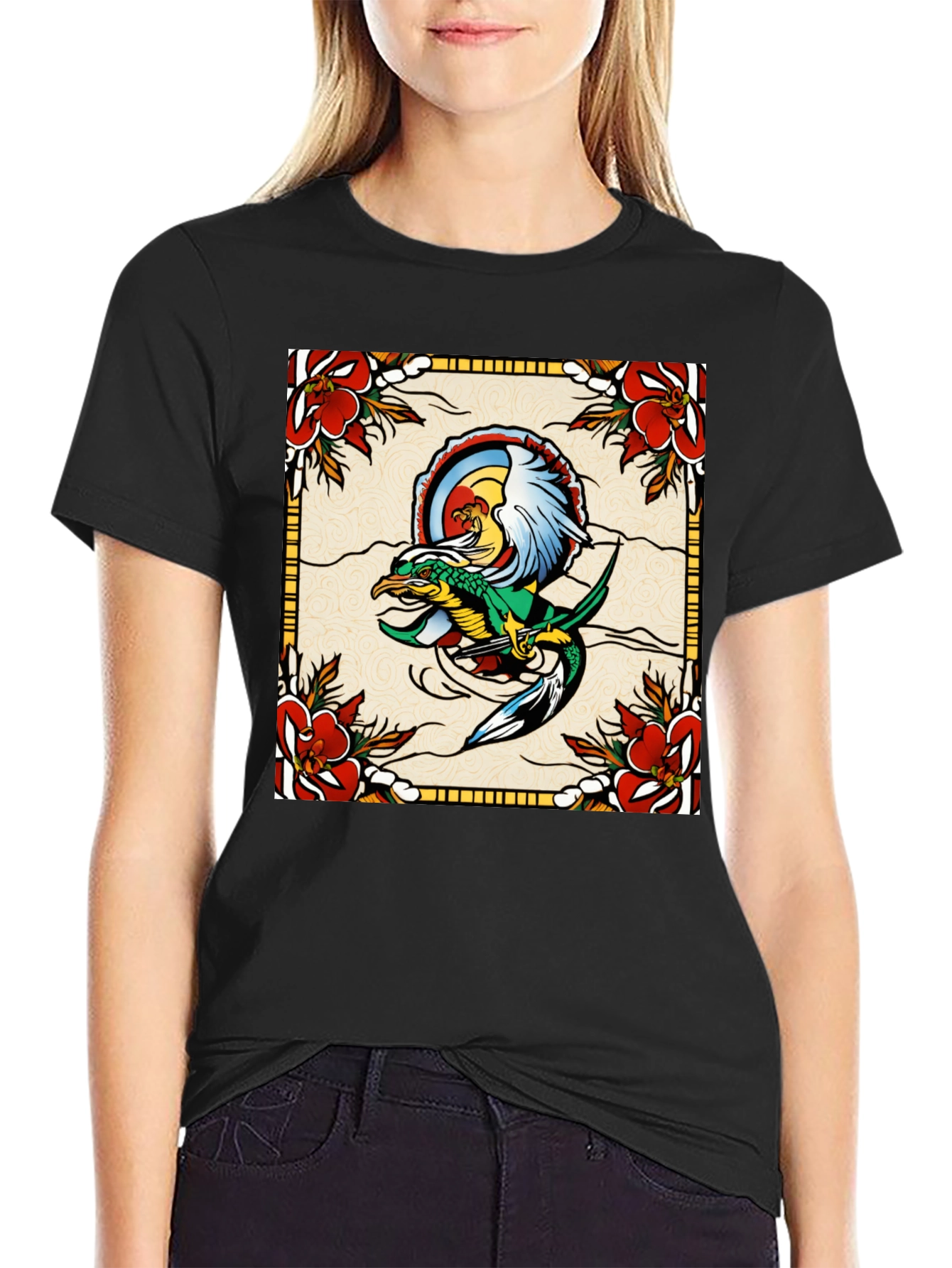 Retro Dragon & Floral Graphic T-Shirt